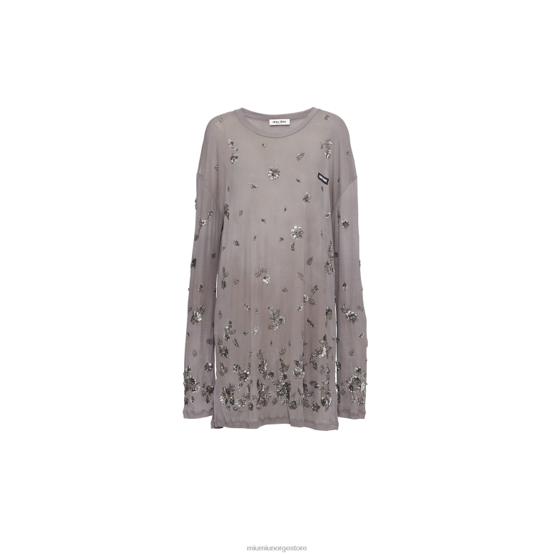 brodert plaggfarget ribbestrikket jerseykjole Miu Miu blygrå 4R2LJ360 klar til å ha på