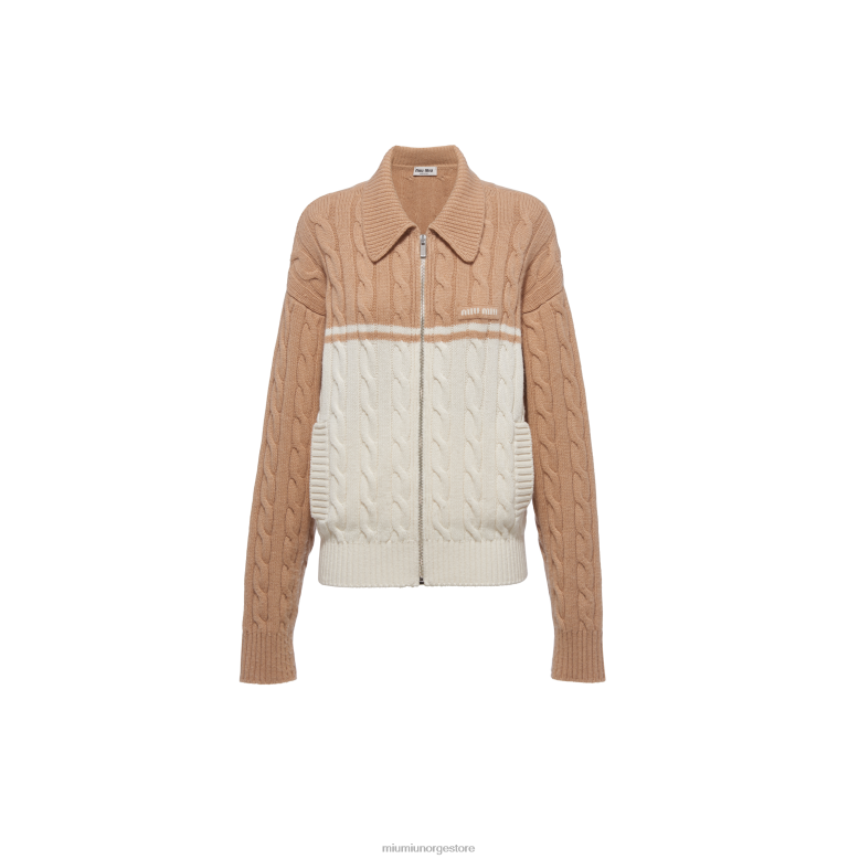 oversized cardigan i ull og kashmir Miu Miu hvit/kamelbrun 4R2LJ794 klar til å ha på