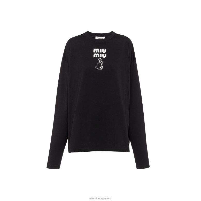 bomull t-skjorte med brodert logo Miu Miu svart 4R2LJ692 klar til å ha på