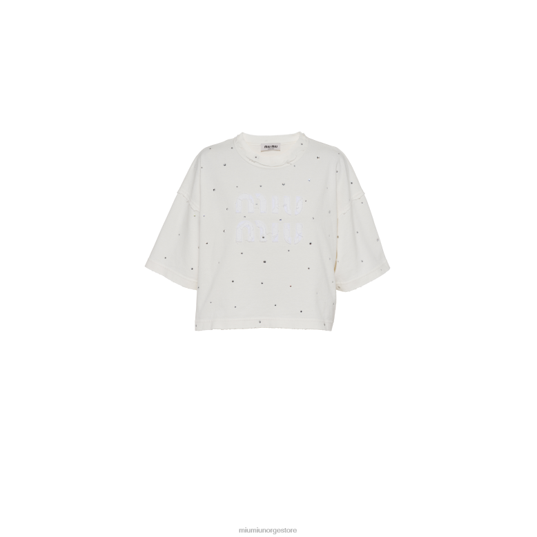 bomull t-skjorte med krystaller Miu Miu hvit 4R2LJ697 klar til å ha på