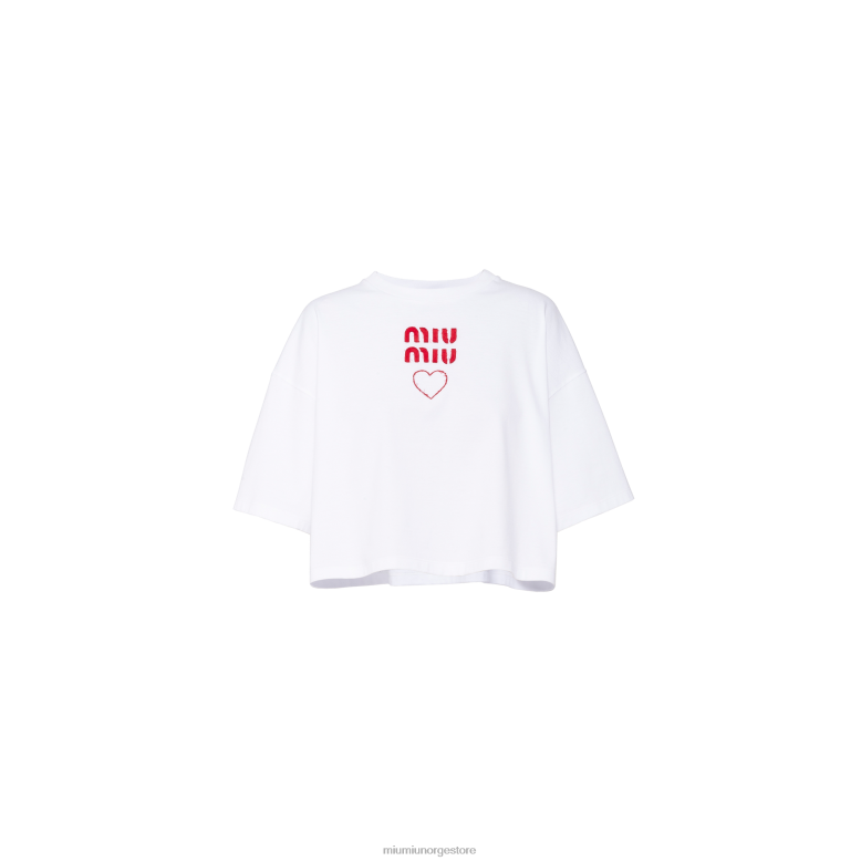 brodert t-skjorte i bomullsjersey Miu Miu hvit 4R2LJ725 klar til å ha på